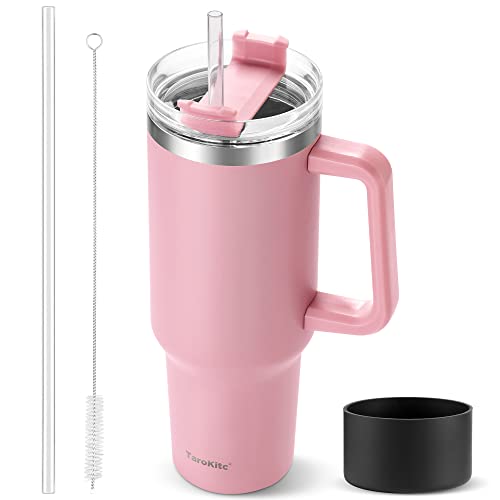 40 oz Tumbler with Handle and Straw, Pink Insulated Travel Mug Iced Coffee Cup, Reusable Stainless Steel Insulated Water Bottle, Keeps Drinks Cold for 34 Hours, Dishwasher Safe, BPA Free