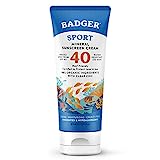 Badger Reef Safe Sunscreen, SPF 40 Sport Mineral Sunscreen, 98% Organic Sunscreen Ingredients, Broad Spectrum, Water Resistant, Zinc Oxide Sunscreen, Unscented, 2.9 fl oz