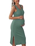 Ekouaer Ladies Maternity Midi Dresses Sleeveless Rib Knit Pencil Dress Slit Side Loungewear (Mint Green, L)