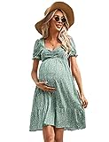 FUNJULY Maternity Dress Womens Casual Sweetheart Neck Ruffle A Line Dress Foral Printed Flowy Mini Short Dresses Greenfloral S