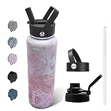 BJPKPK Insulated Water Bottles with Straw Lid, 40oz Large Water Bottle, Stainless Steel Metal Water Bottle with 3 Lids, Reusable Thermos Bottle, Cold & Hot Water Bottle for Sports,Gym-Marble Blossom