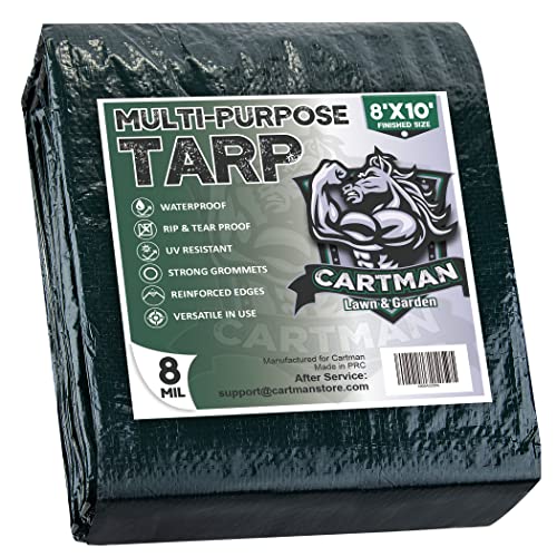 CARTMAN Finished Size 8x10 Feet Waterproof Heavy Duty Poly Tarp 8 Mil Thick, Multipurpose Protective Cover for Emergency Rain Shelter Camping Tarpaulin