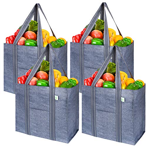 VENO 4 Pack Reusable Grocery Shopping Bag w/Hard Bottom, Foldable, Multi-Purpose Heavy-Duty Tote, Daily Utility Bag, Stands Upright, Sustainable (Set of 4 - Gray)