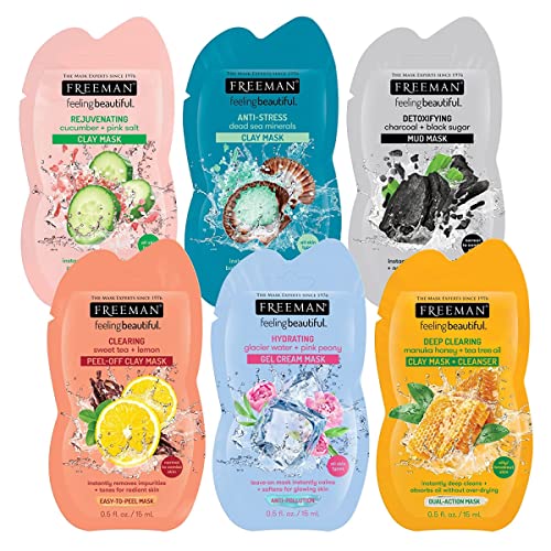 FREEMAN Facial Mask Variety Pack: Oil Absorbing & Anti Stress Clay, Detoxifying Charcoal Mud, Clearing Peel Off, Hydrating Gel Cream Beauty Face Masks, Vegan & Cruelty Free Skincare, 6 Count