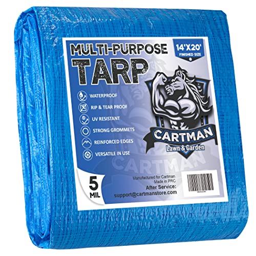 CARTMAN Finished Size 14x20 Feet Blue Poly Tarp 5 Mil Thick, Multipurpose Protective Cover for Emergency Rain Shelter Camping Tarpaulin