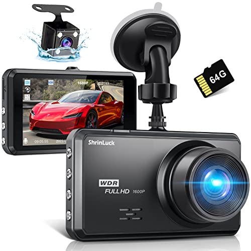 ShrinLuck 2.5K Dash Cam Front and Rear, 64G SD Card, 1600P+1080P FHD Dual Dash Camera for Cars,3.2'' IPS Screen,176°+160° Wide Angle Dashcam, G-Sensor,Night Vision,WDR,Parking Monitor,Loop Recording